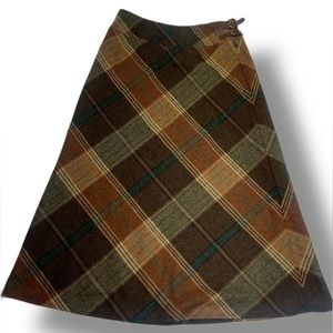 Vintage Lauren Ralph Lauren Wool and Leather Brown Plaid Midi Skirt Size 10